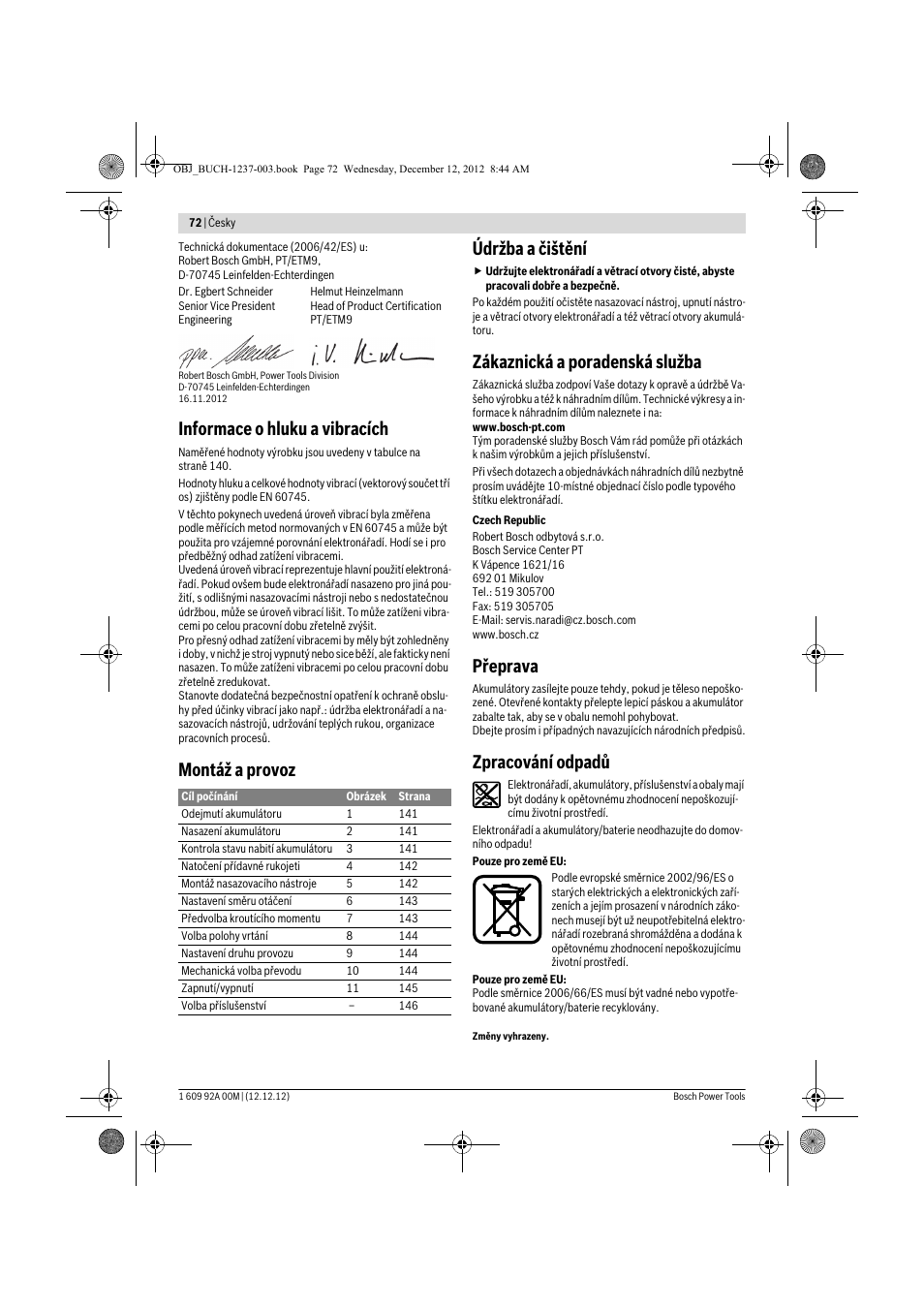 Informace o hluku a vibracích, Montáž a provoz údržba a čištění, Zákaznická a poradenská služba | Přeprava, Zpracování odpadů | Bosch GSR 14,4 VE-2-LI Professional User Manual | Page 72 / 146