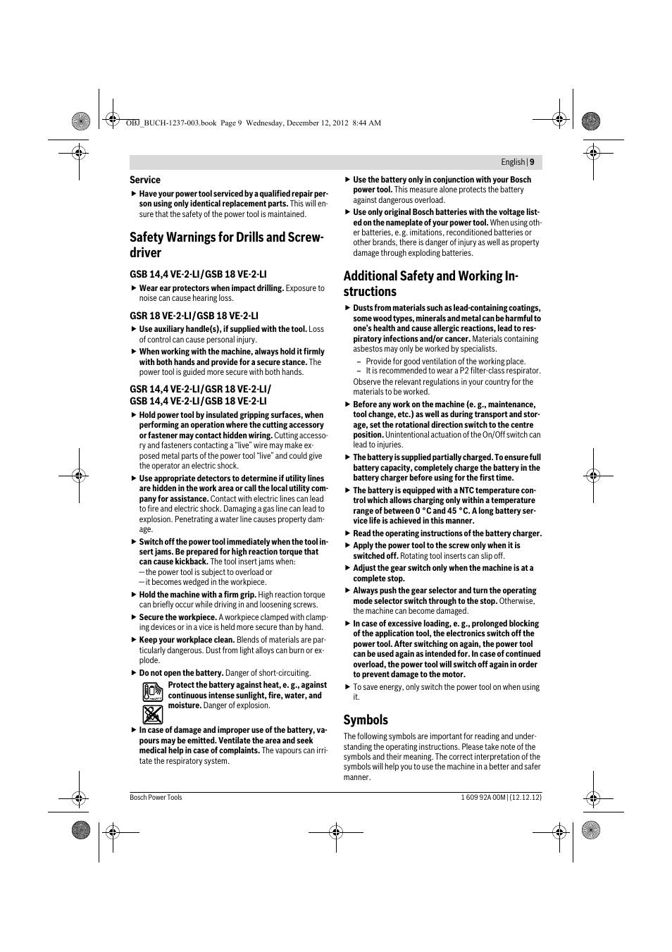Safety warnings for drills and screw- driver, Additional safety and working in- structions, Symbols | Bosch GSR 14,4 VE-2-LI Professional User Manual | Page 9 / 146