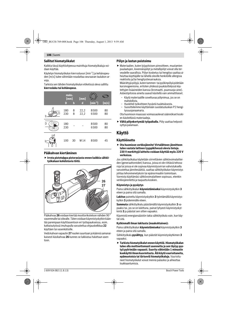 Käyttö | Bosch GWS 24-230 JVX Professional User Manual | Page 105 / 299