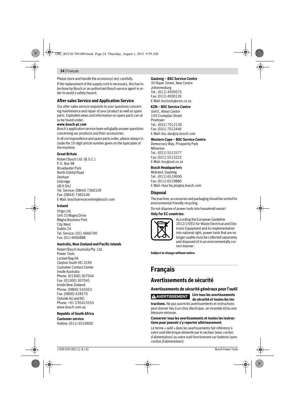 Français, Avertissements de sécurité | Bosch GWS 24-230 JVX Professional User Manual | Page 23 / 299