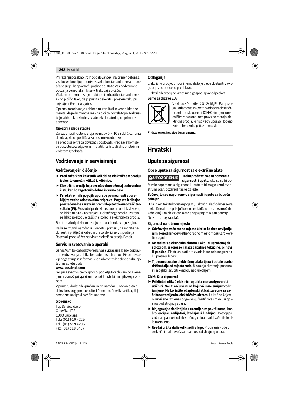 Hrvatski, Vzdrževanje in servisiranje, Upute za sigurnost | Bosch GWS 24-230 JVX Professional User Manual | Page 241 / 299