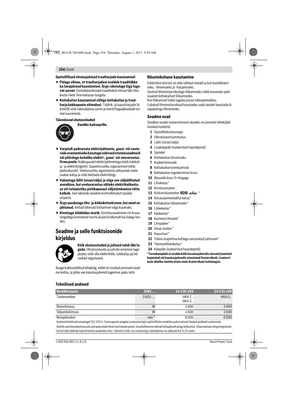 Seadme ja selle funktsioonide kirjeldus | Bosch GWS 24-230 JVX Professional User Manual | Page 253 / 299