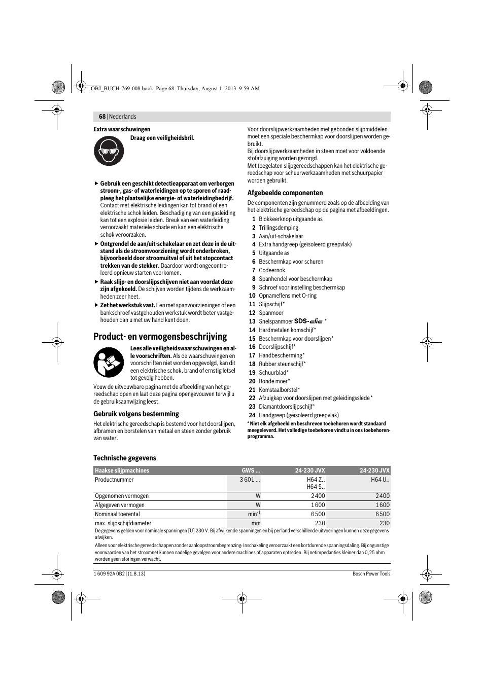 Product- en vermogensbeschrijving | Bosch GWS 24-230 JVX Professional User Manual | Page 67 / 299