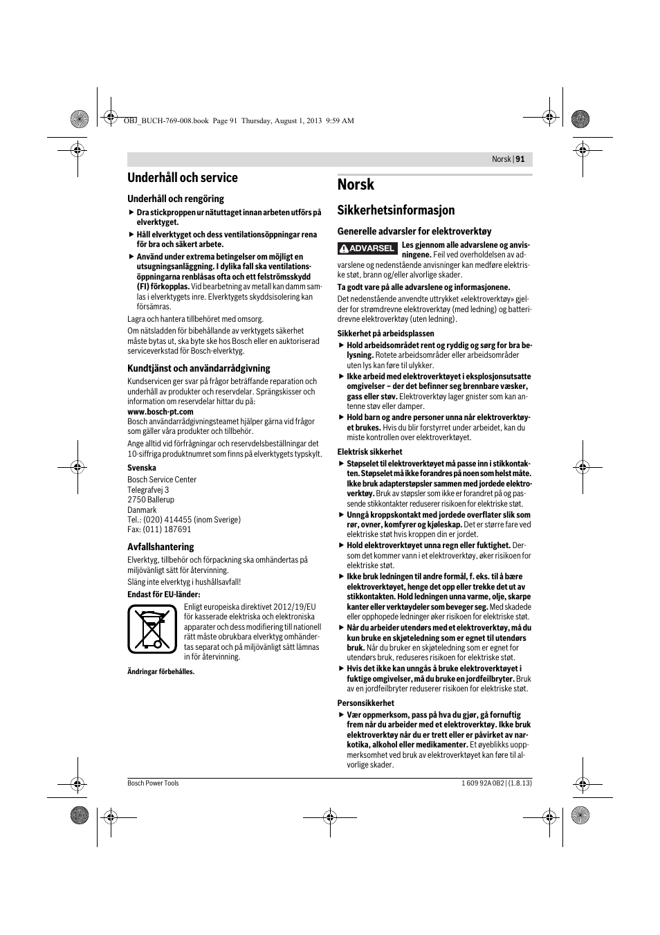 Norsk, Underhåll och service, Sikkerhetsinformasjon | Bosch GWS 24-230 JVX Professional User Manual | Page 90 / 299