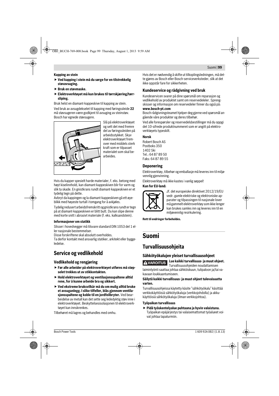 Suomi, Service og vedlikehold, Turvallisuusohjeita | Bosch GWS 24-230 JVX Professional User Manual | Page 98 / 299