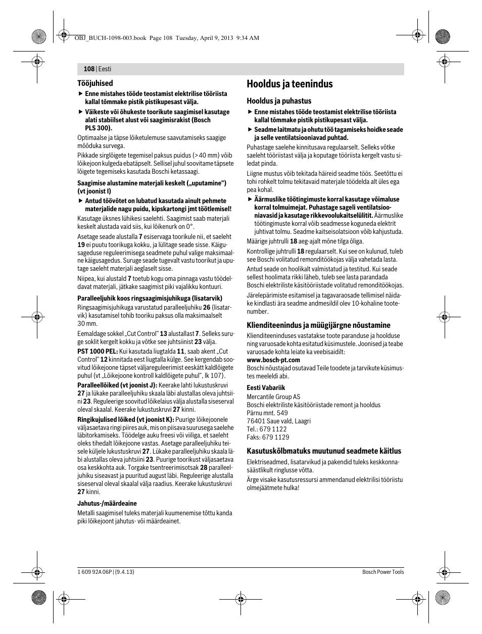 Hooldus ja teenindus | Bosch PST 900 PEL User Manual | Page 108 / 125