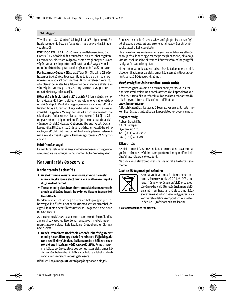 Karbantartás és szerviz | Bosch PST 900 PEL User Manual | Page 34 / 125