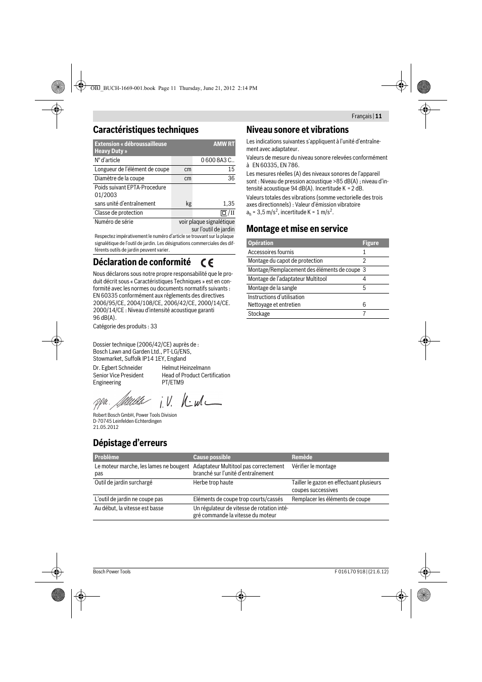 Niveau sonore et vibrations, Montage et mise en service dépistage d’erreurs | Bosch AMW 10 RT User Manual | Page 11 / 91