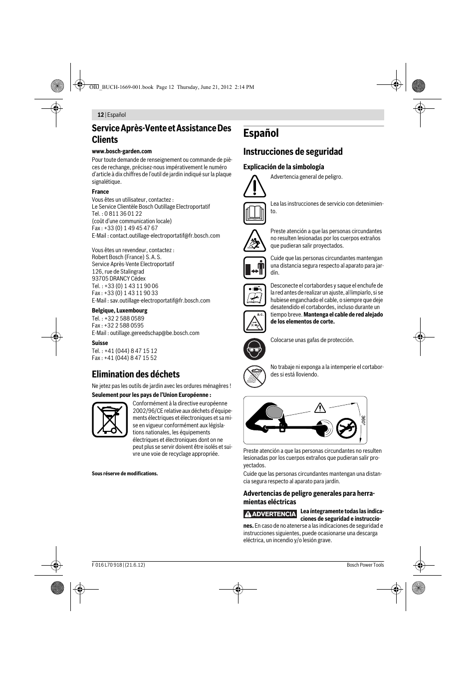 Español, Service après-vente et assistance des clients, Elimination des déchets | Instrucciones de seguridad | Bosch AMW 10 RT User Manual | Page 12 / 91