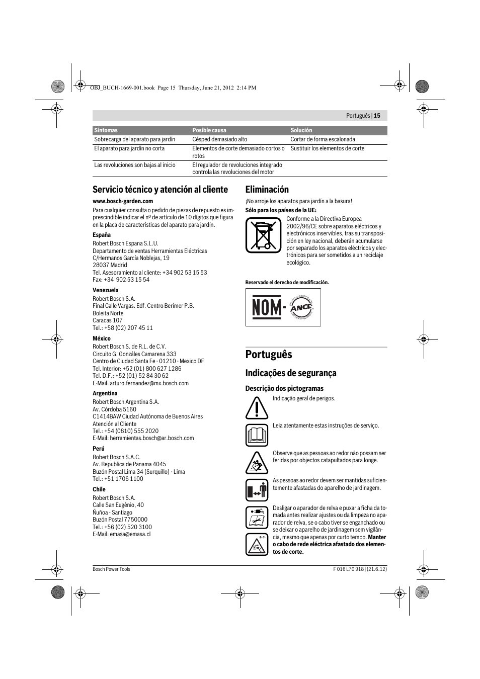 Português, Servicio técnico y atención al cliente, Eliminación | Indicações de segurança | Bosch AMW 10 RT User Manual | Page 15 / 91