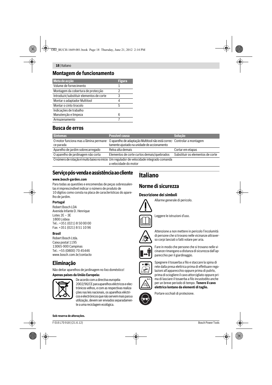 Italiano, Eliminação, Norme di sicurezza | Bosch AMW 10 RT User Manual | Page 18 / 91