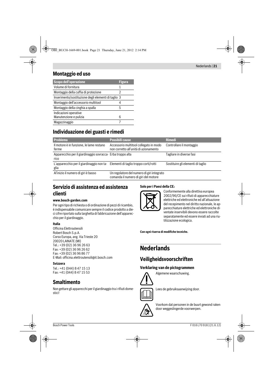 Nederlands, Smaltimento, Veiligheidsvoorschriften | Bosch AMW 10 RT User Manual | Page 21 / 91