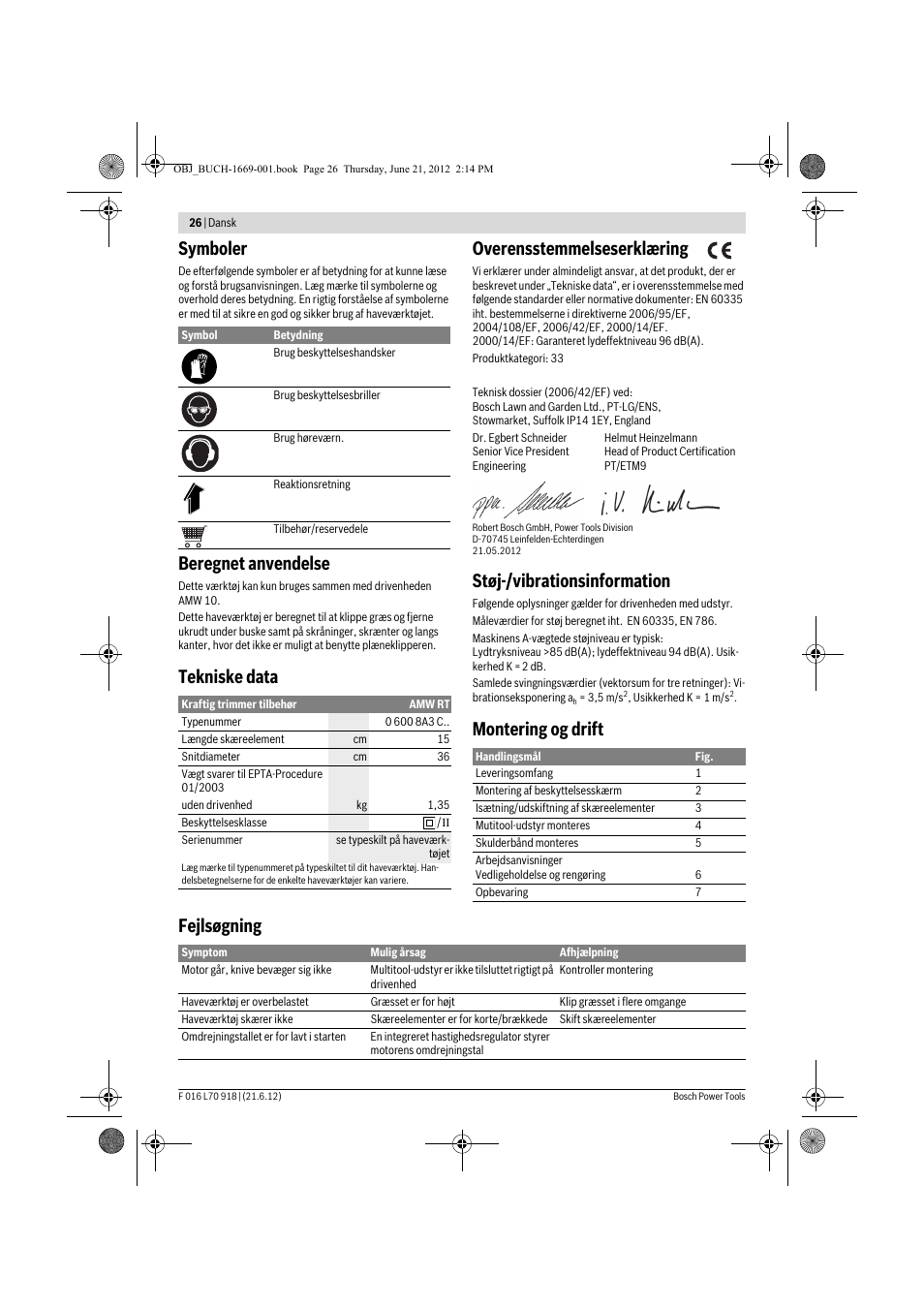 Symboler, Beregnet anvendelse, Tekniske data overensstemmelseserklæring | Støj-/vibrationsinformation, Montering og drift fejlsøgning | Bosch AMW 10 RT User Manual | Page 26 / 91