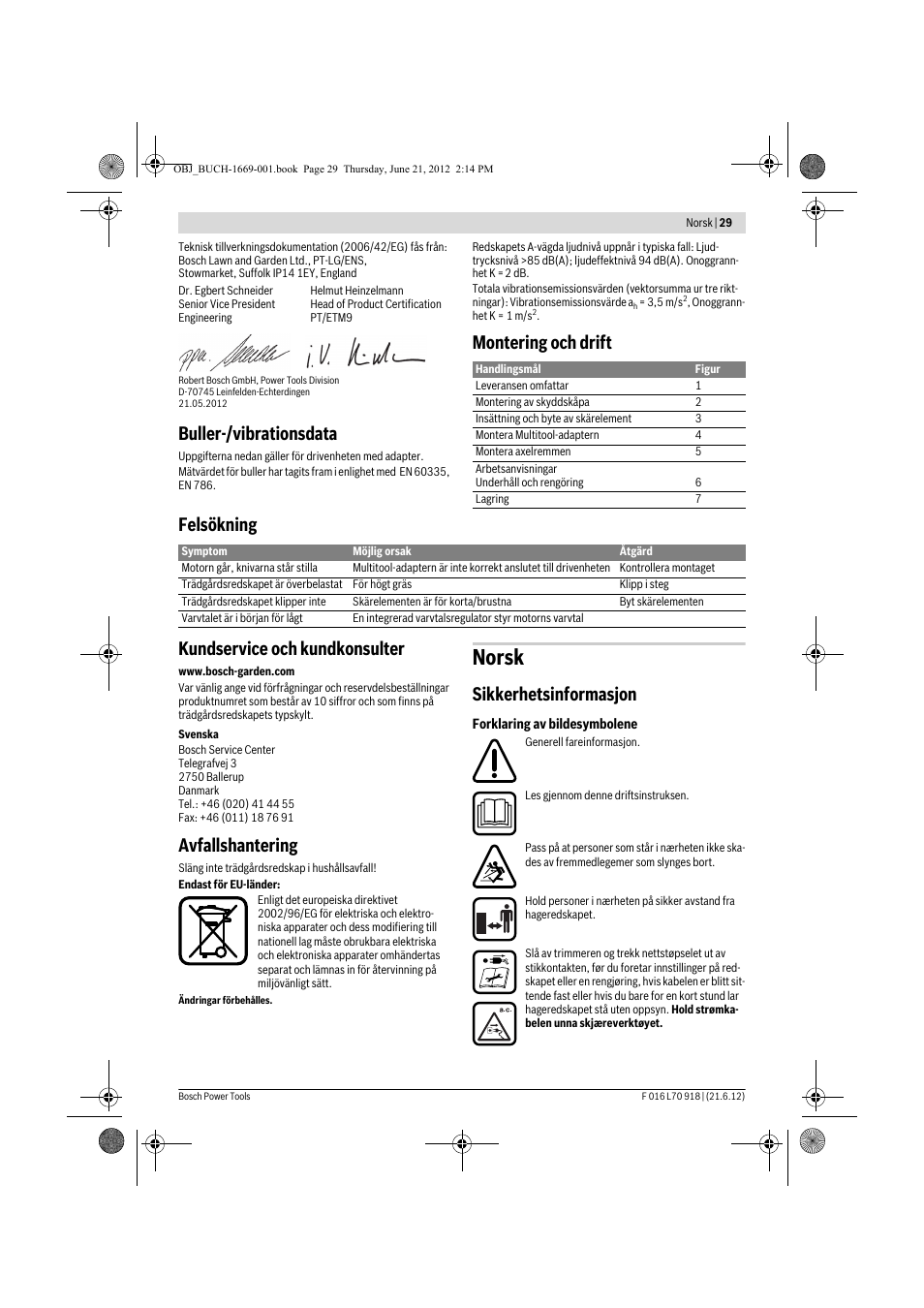 Norsk, Buller-/vibrationsdata, Avfallshantering | Sikkerhetsinformasjon | Bosch AMW 10 RT User Manual | Page 29 / 91