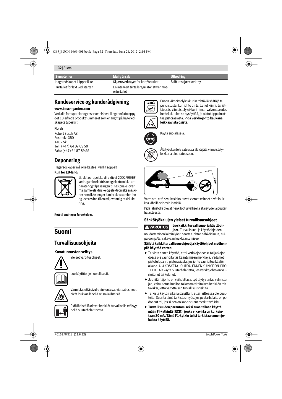 Suomi, Kundeservice og kunderådgivning, Deponering | Turvallisuusohjeita | Bosch AMW 10 RT User Manual | Page 32 / 91