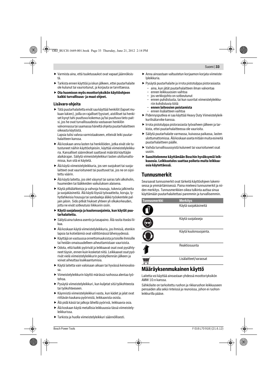 Tunnusmerkit, Määräyksenmukainen käyttö | Bosch AMW 10 RT User Manual | Page 33 / 91