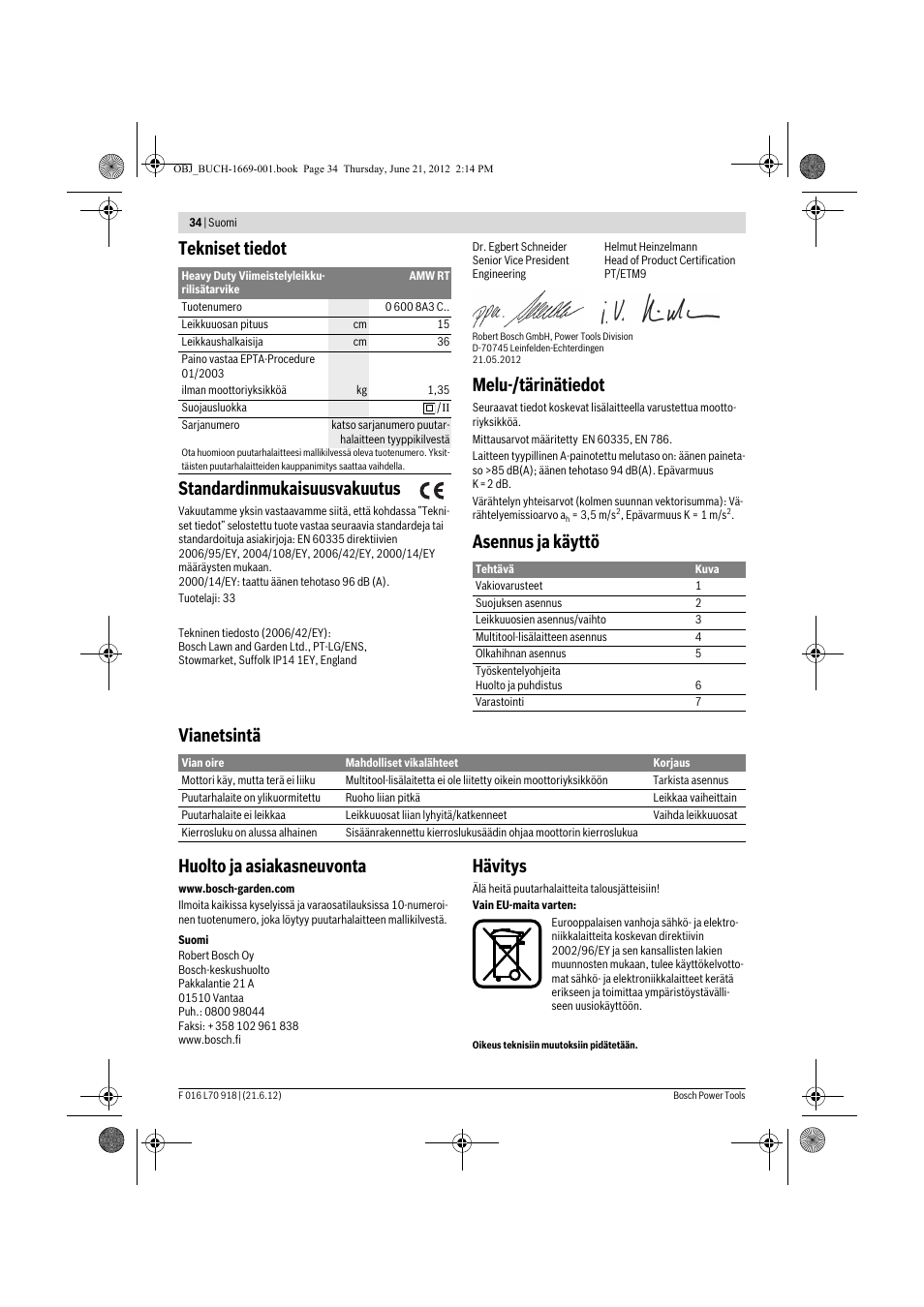 Tekniset tiedot standardinmukaisuusvakuutus, Melu-/tärinätiedot, Hävitys | Bosch AMW 10 RT User Manual | Page 34 / 91