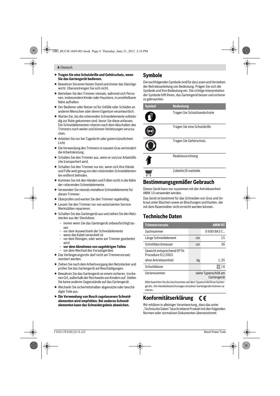 Symbole, Bestimmungsgemäßer gebrauch, Technische daten konformitätserklärung | Bosch AMW 10 RT User Manual | Page 4 / 91