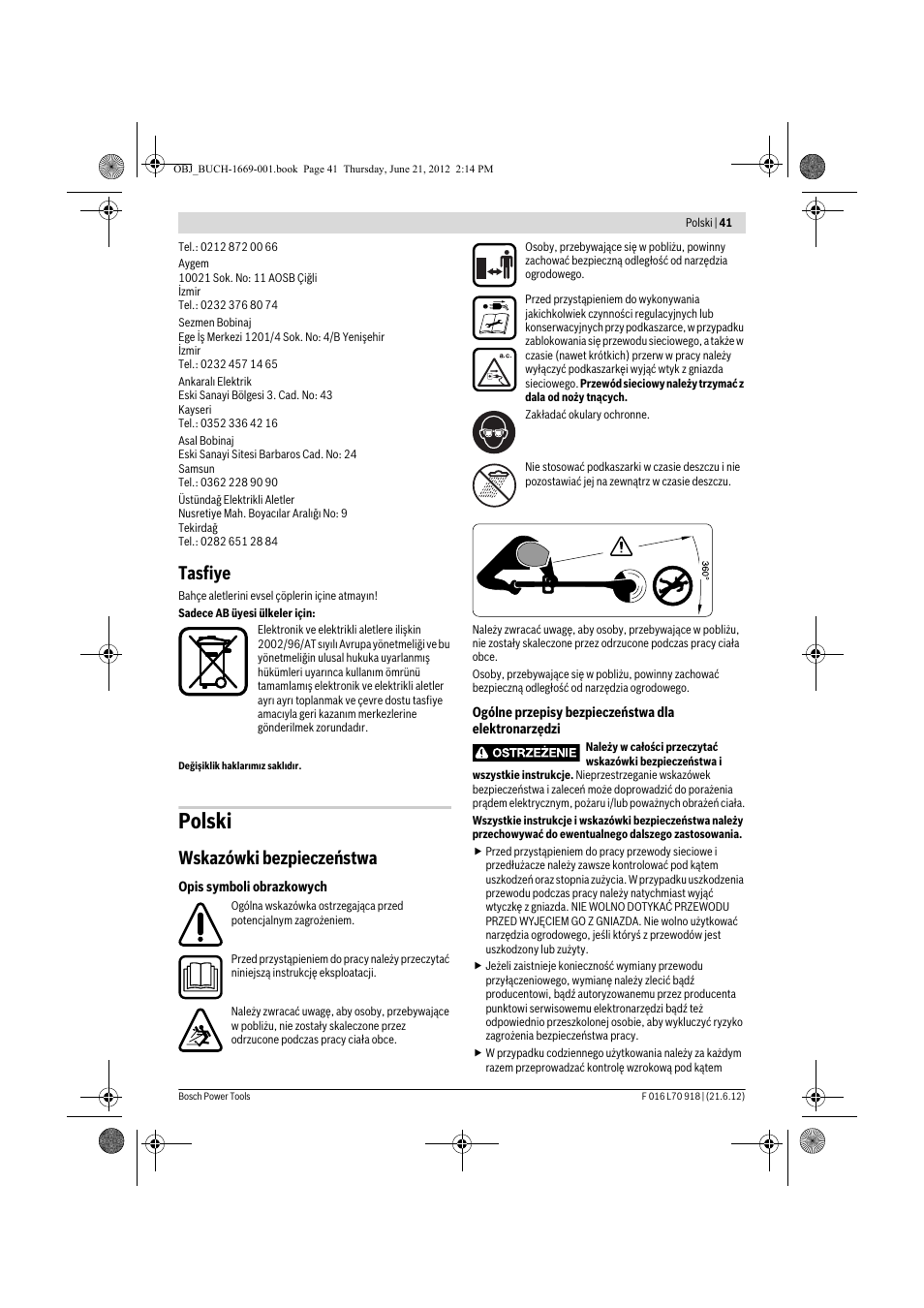 Polski, Tasfiye, Wskazówki bezpieczeństwa | Bosch AMW 10 RT User Manual | Page 41 / 91