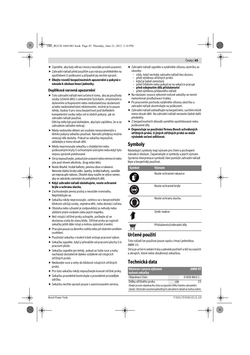 Symboly, Určené použití, Technická data | Bosch AMW 10 RT User Manual | Page 45 / 91