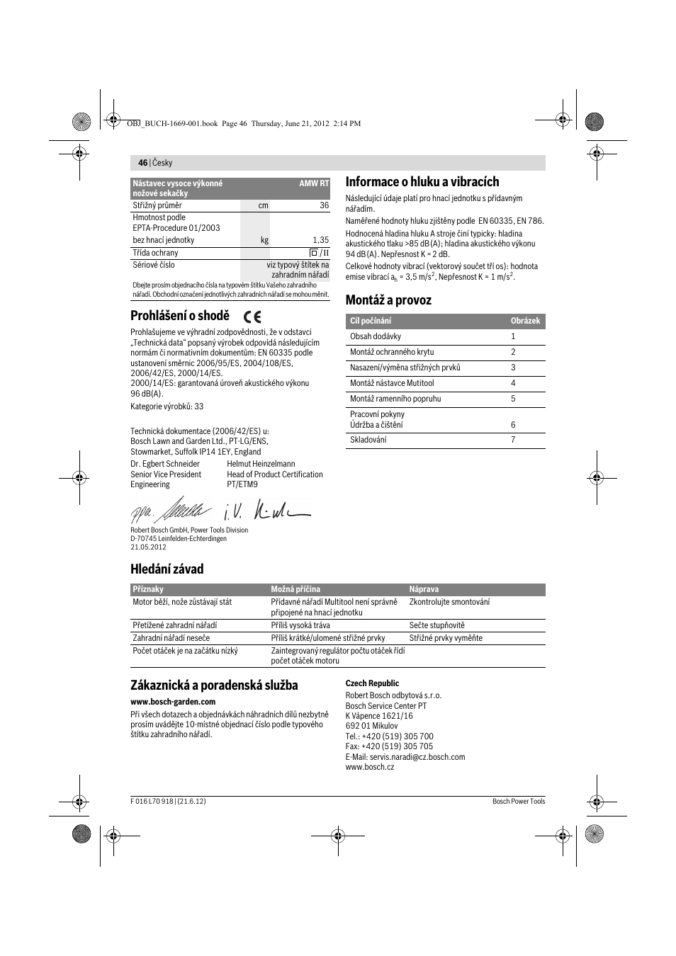 Prohlášení o shodě, Informace o hluku a vibracích | Bosch AMW 10 RT User Manual | Page 46 / 91