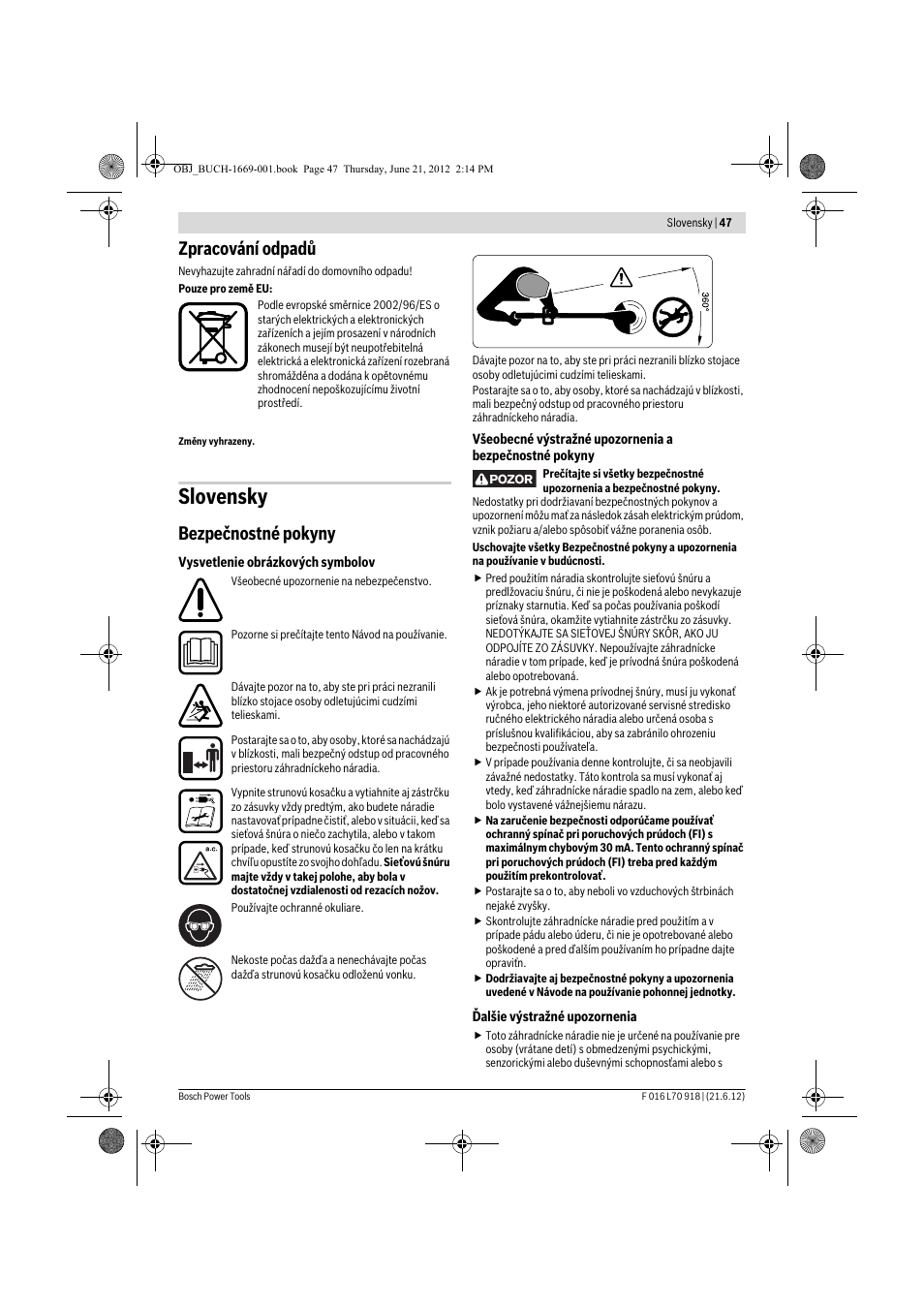 Slovensky, Zpracování odpadů, Bezpečnostné pokyny | Bosch AMW 10 RT User Manual | Page 47 / 91