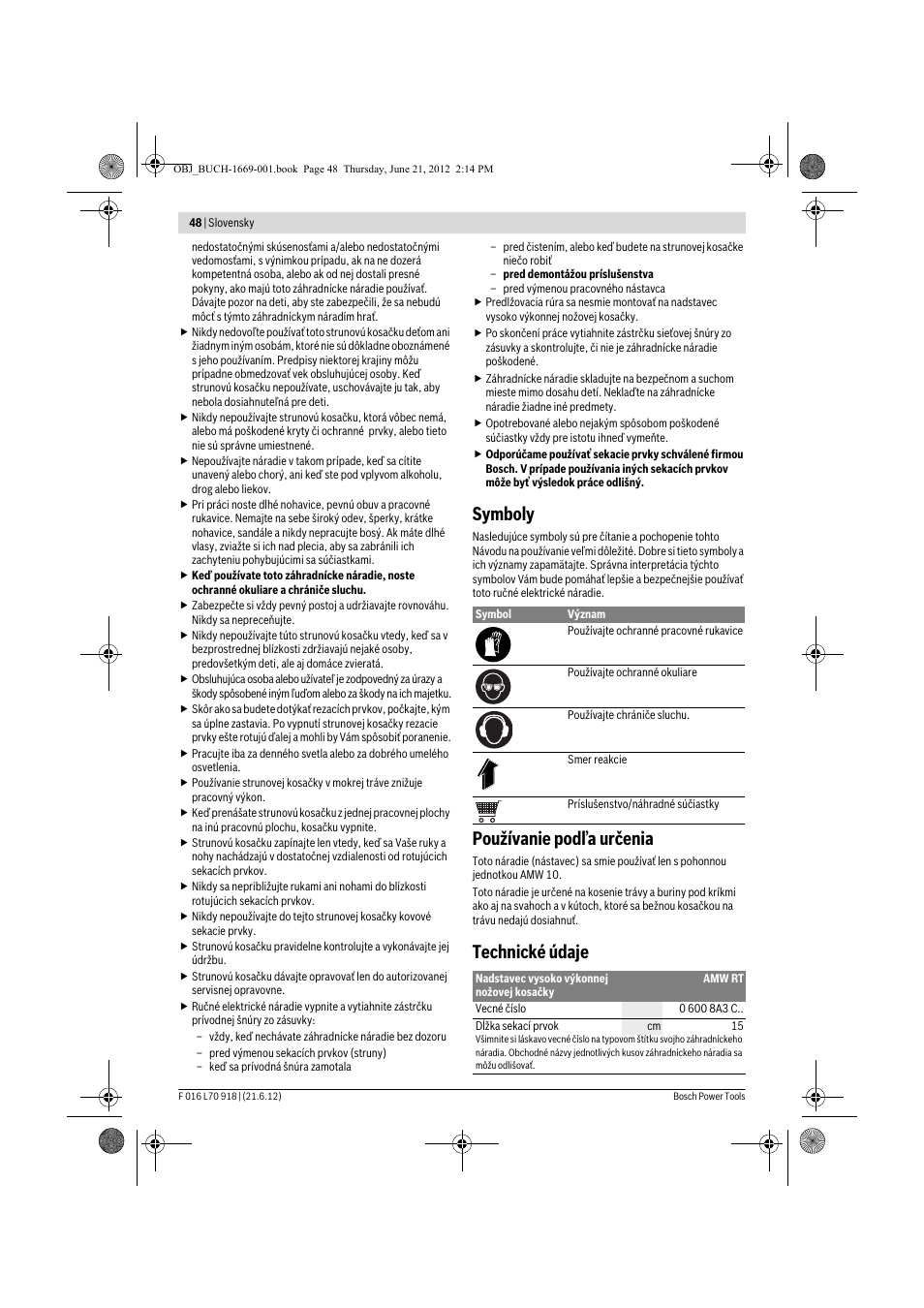 Symboly, Používanie podľa určenia, Technické údaje | Bosch AMW 10 RT User Manual | Page 48 / 91