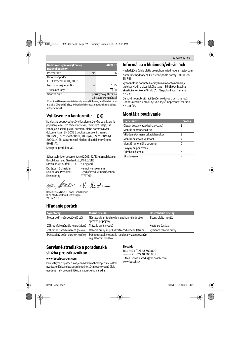 Vyhlásenie o konformite, Informácia o hlučnosti/vibráciách | Bosch AMW 10 RT User Manual | Page 49 / 91