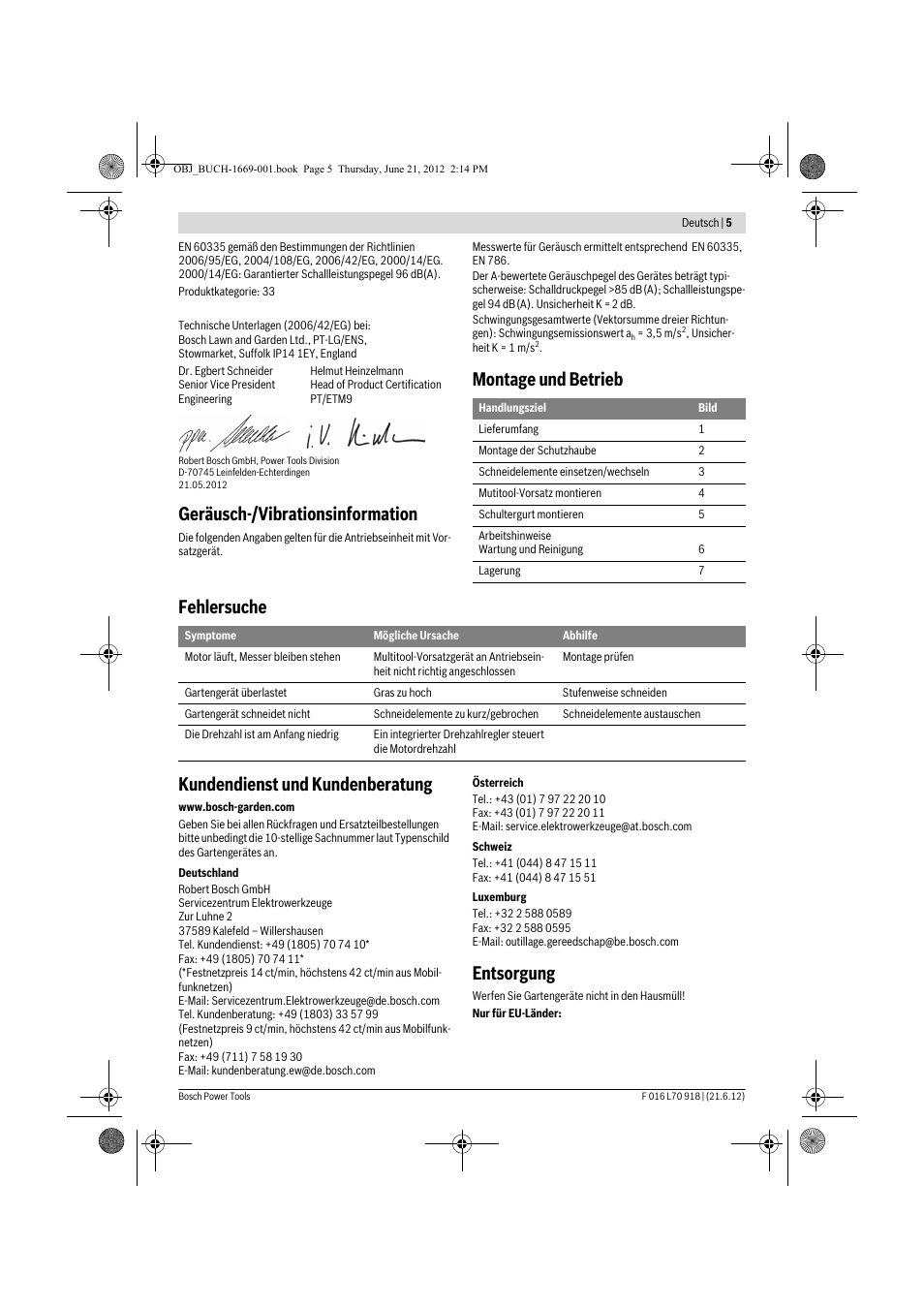 Geräusch-/vibrationsinformation, Entsorgung | Bosch AMW 10 RT User Manual | Page 5 / 91