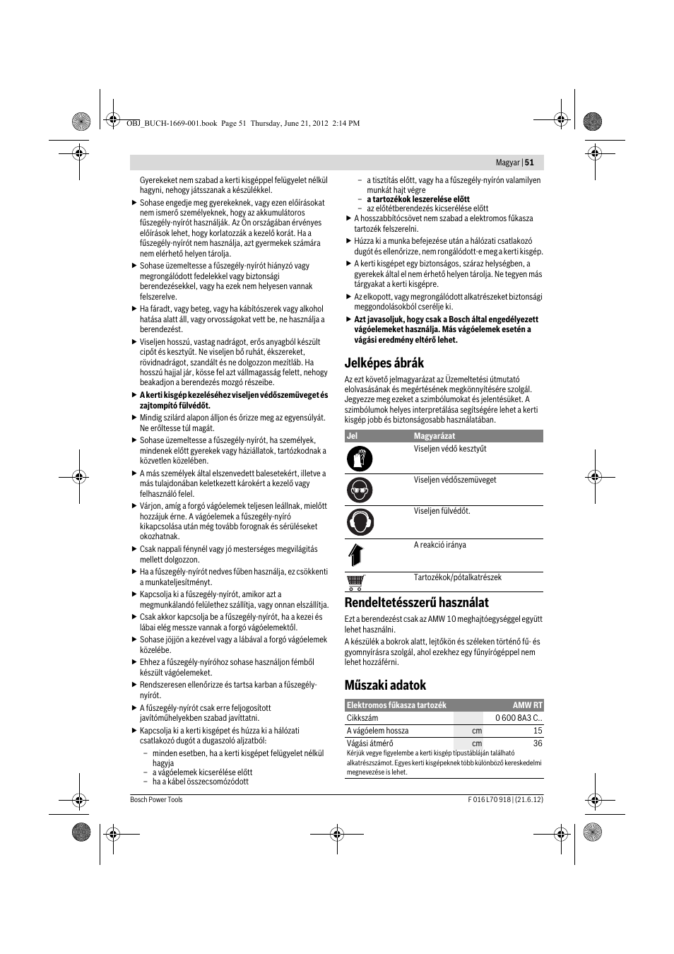 Jelképes ábrák, Rendeltetésszerű használat, Műszaki adatok | Bosch AMW 10 RT User Manual | Page 51 / 91
