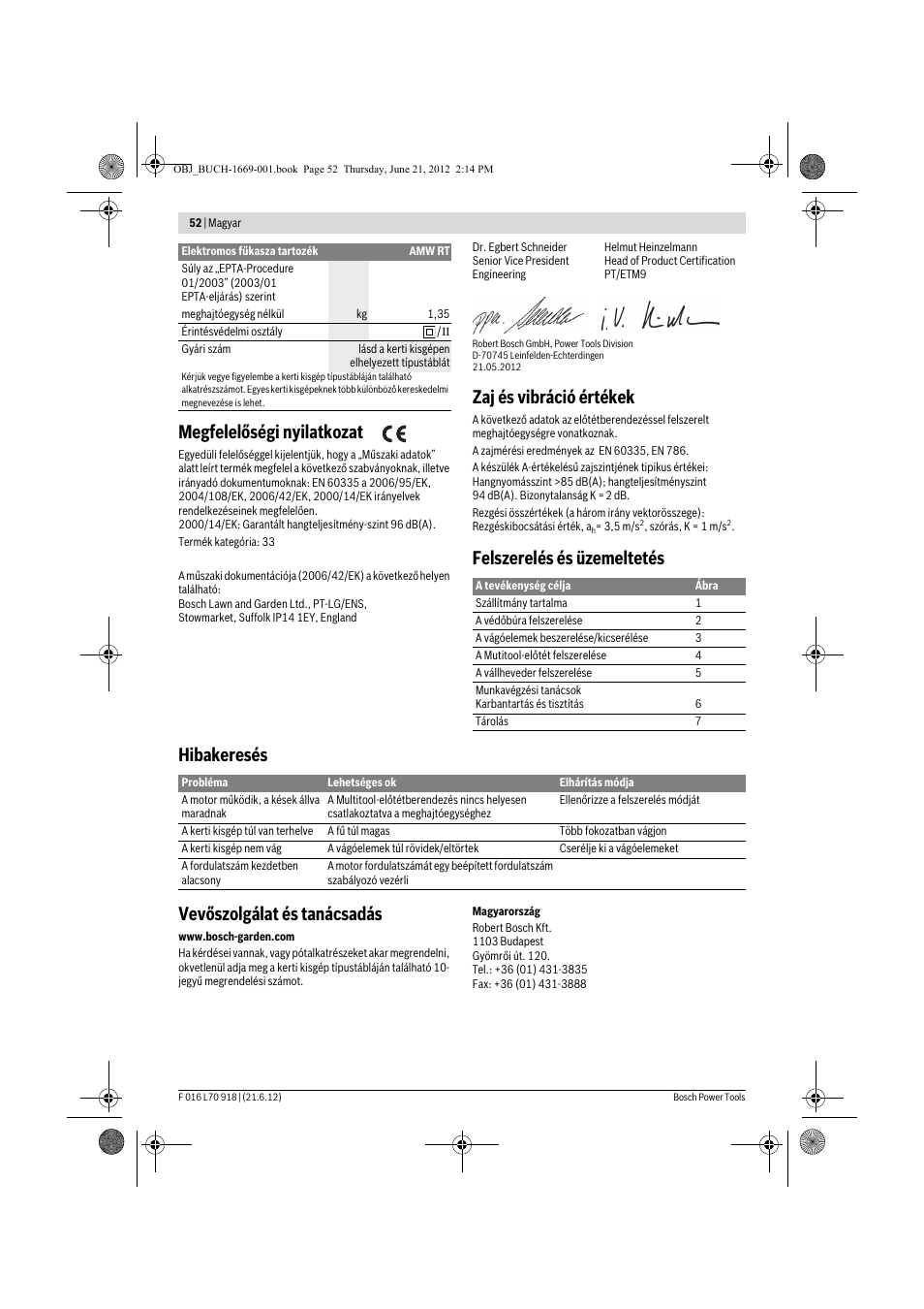 Megfelelőségi nyilatkozat, Zaj és vibráció értékek | Bosch AMW 10 RT User Manual | Page 52 / 91