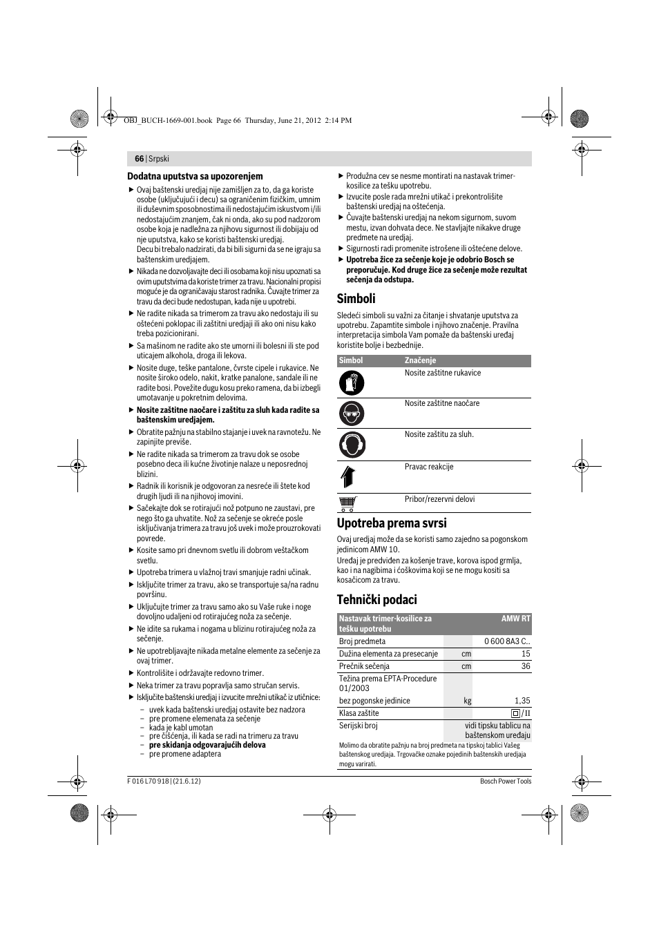 Simboli, Upotreba prema svrsi, Tehnički podaci | Bosch AMW 10 RT User Manual | Page 66 / 91