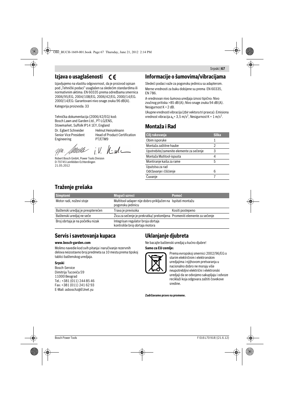 Izjava o usaglašenosti, Informacije o šumovima/vibracijama, Uklanjanje djubreta | Bosch AMW 10 RT User Manual | Page 67 / 91