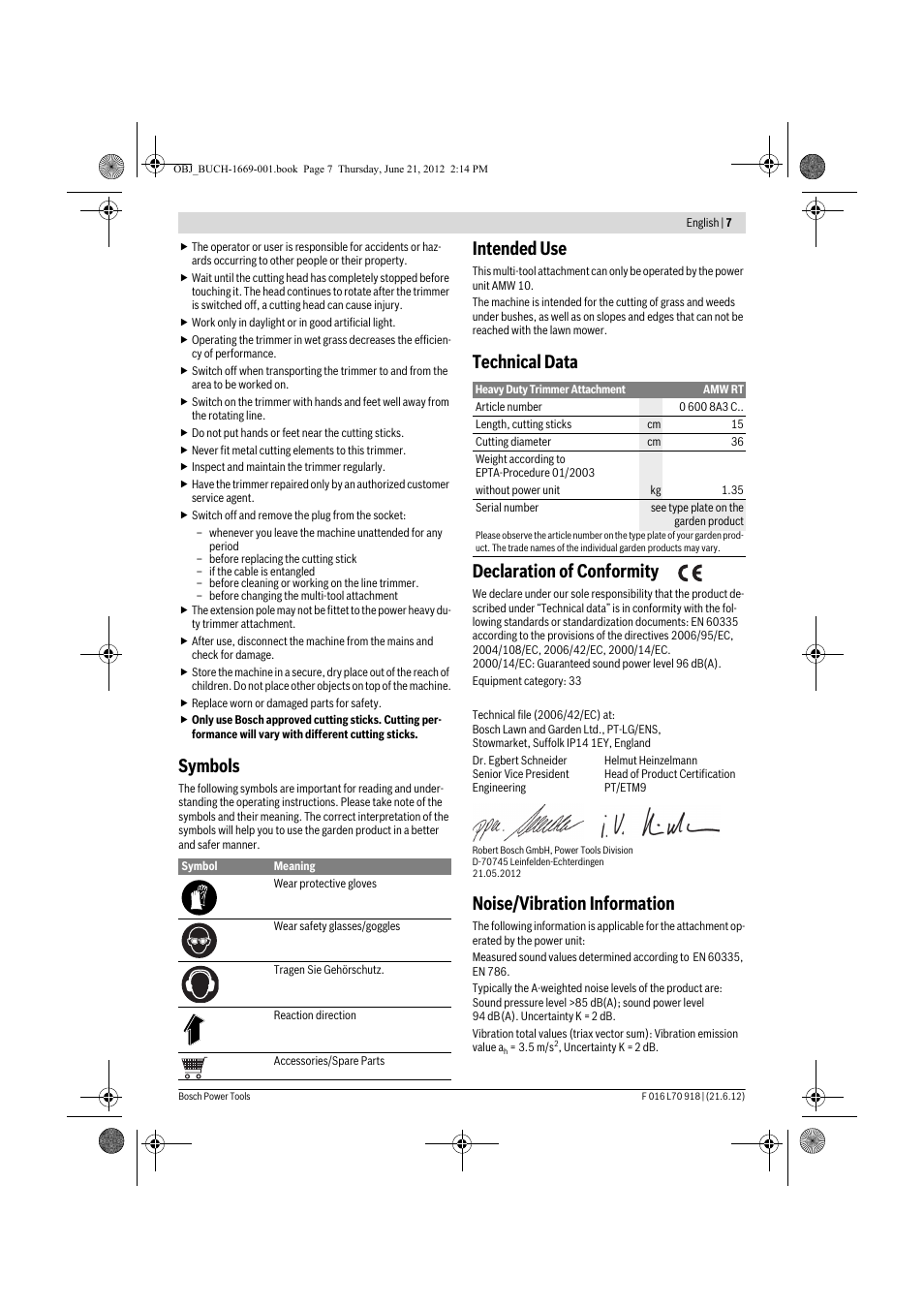 Symbols, Intended use, Technical data declaration of conformity | Noise/vibration information | Bosch AMW 10 RT User Manual | Page 7 / 91