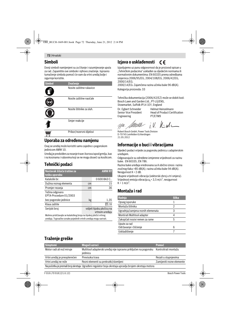 Simboli, Uporaba za određenu namjenu, Tehnički podaci izjava o usklađenosti | Informacije o buci i vibracijama, Montaža i rad traženje greške | Bosch AMW 10 RT User Manual | Page 72 / 91