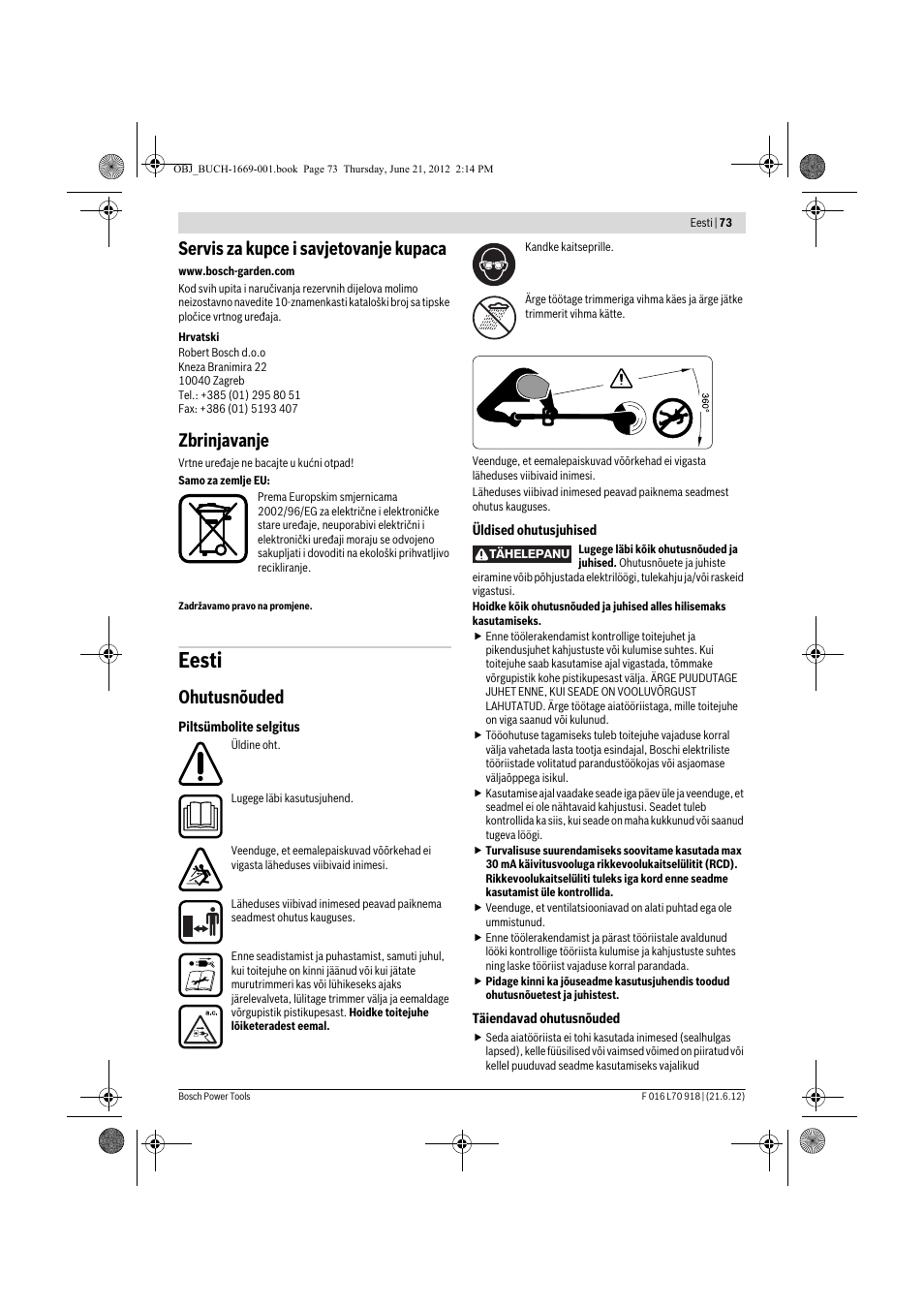 Eesti, Servis za kupce i savjetovanje kupaca, Zbrinjavanje | Ohutusnõuded | Bosch AMW 10 RT User Manual | Page 73 / 91