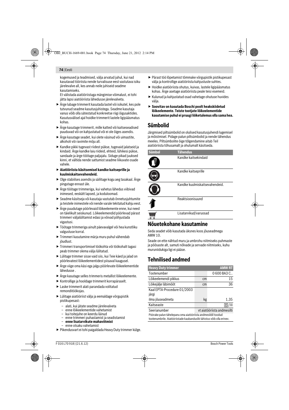 Sümbolid, Nõuetekohane kasutamine, Tehnilised andmed | Bosch AMW 10 RT User Manual | Page 74 / 91