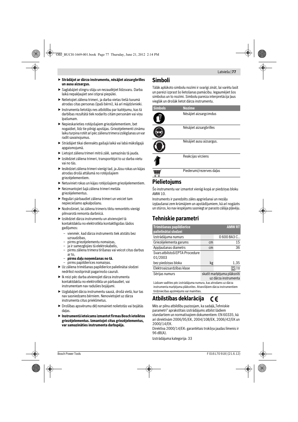 Simboli, Pielietojums, Tehniskie parametri atbilstības deklarācija | Bosch AMW 10 RT User Manual | Page 77 / 91