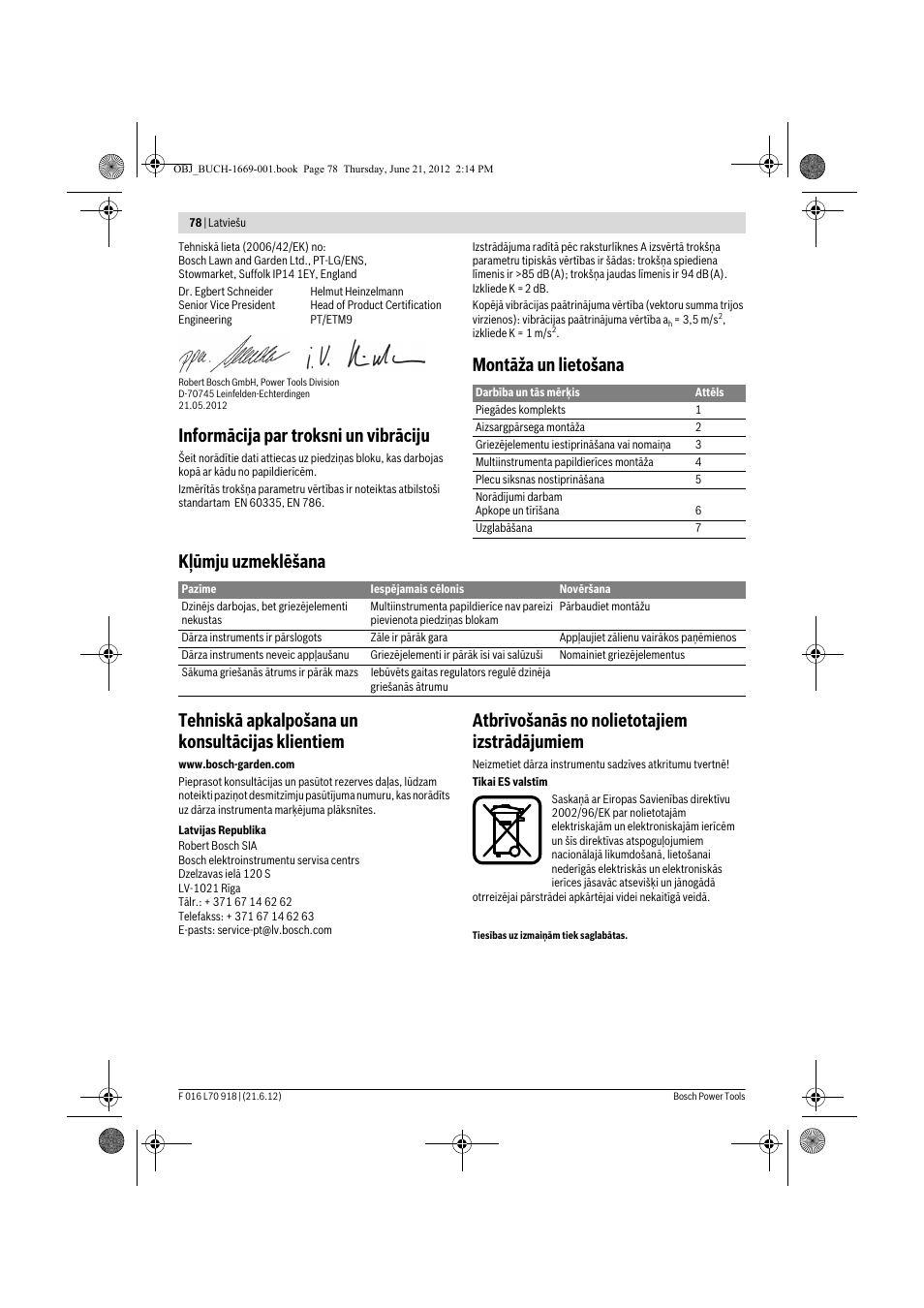 Informācija par troksni un vibrāciju, Atbrīvošanās no nolietotajiem izstrādājumiem | Bosch AMW 10 RT User Manual | Page 78 / 91