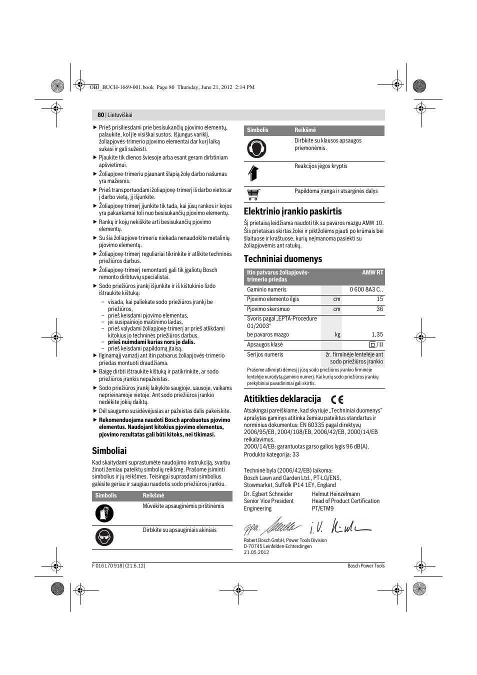 Simboliai, Elektrinio įrankio paskirtis, Techniniai duomenys atitikties deklaracija | Bosch AMW 10 RT User Manual | Page 80 / 91