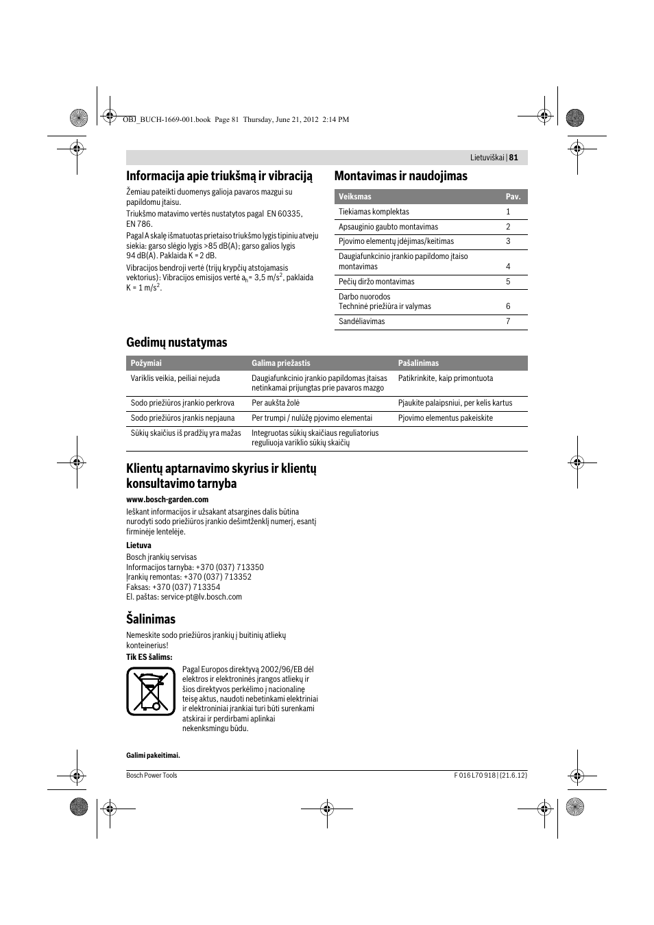 Informacija apie triukšmą ir vibraciją, Šalinimas | Bosch AMW 10 RT User Manual | Page 81 / 91