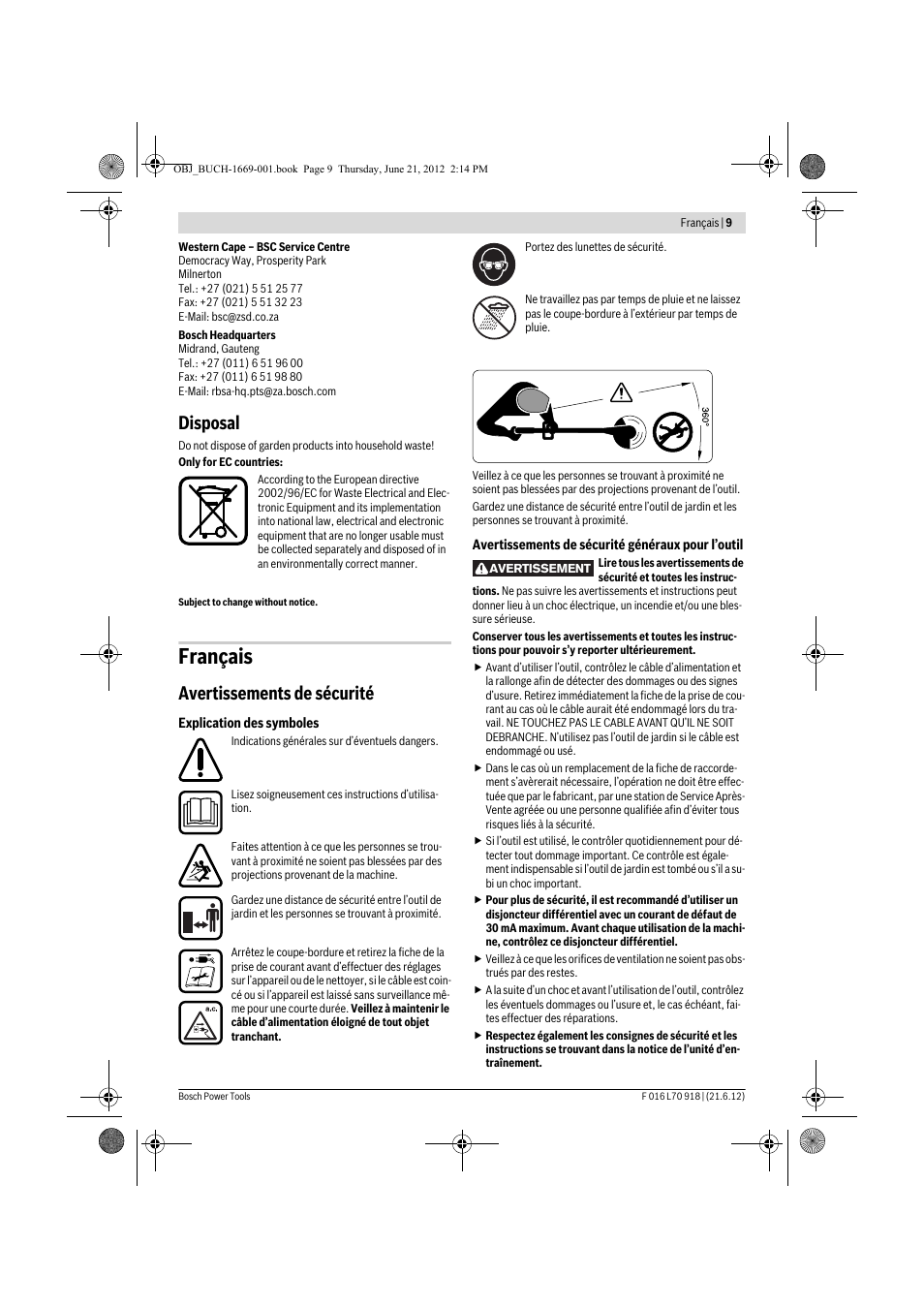 Français, Disposal, Avertissements de sécurité | Bosch AMW 10 RT User Manual | Page 9 / 91