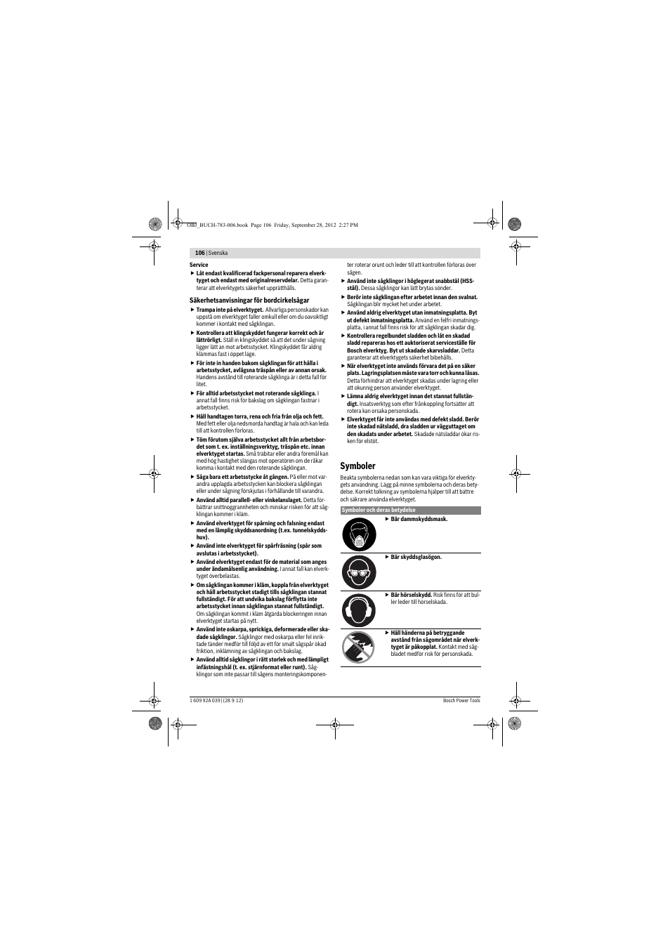 Symboler | Bosch PTS 10 User Manual | Page 106 / 309