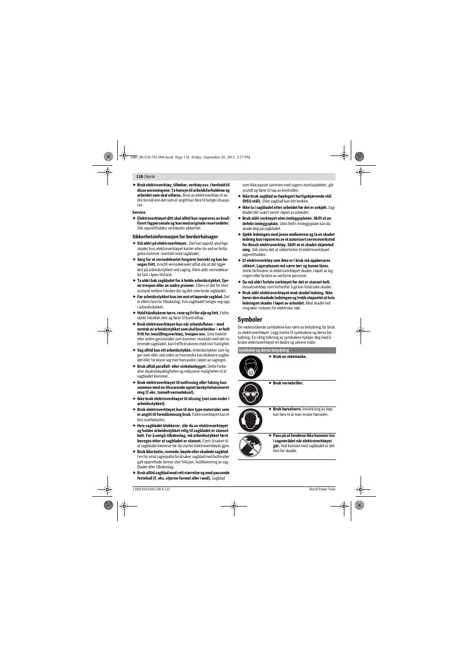 Symboler | Bosch PTS 10 User Manual | Page 116 / 309