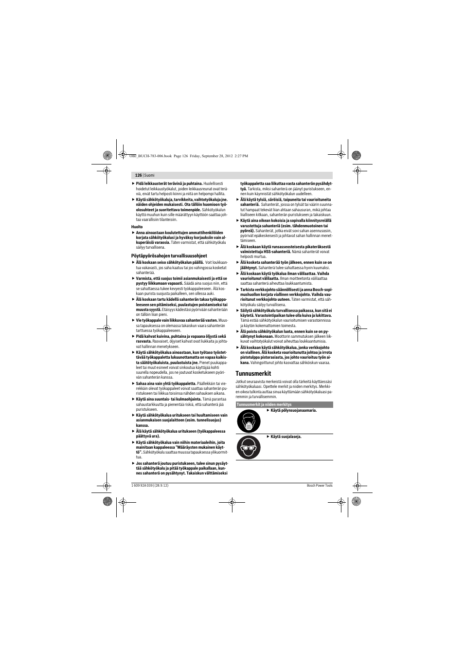 Tunnusmerkit | Bosch PTS 10 User Manual | Page 126 / 309