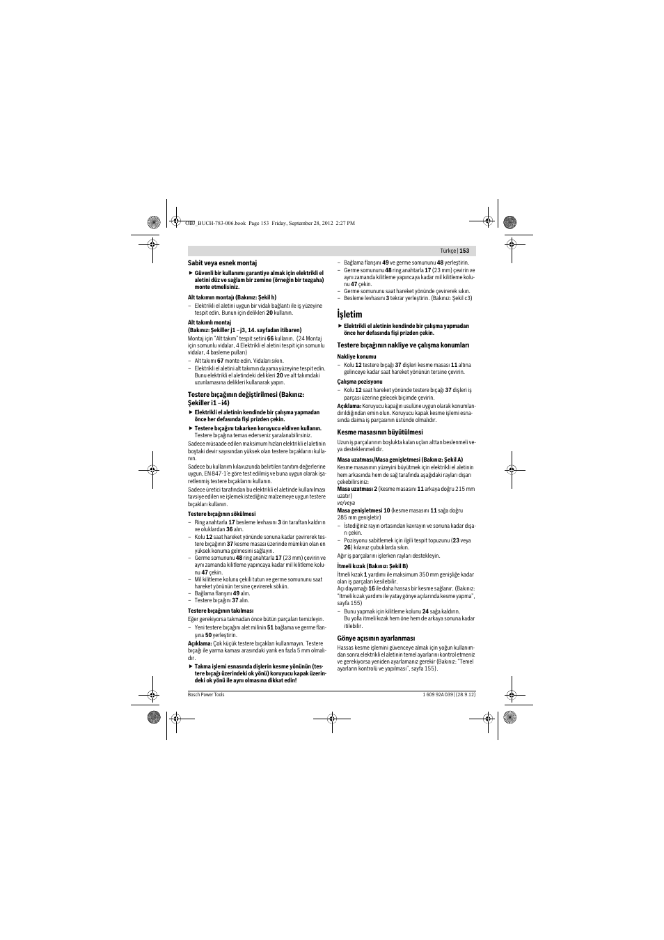 Işletim | Bosch PTS 10 User Manual | Page 153 / 309