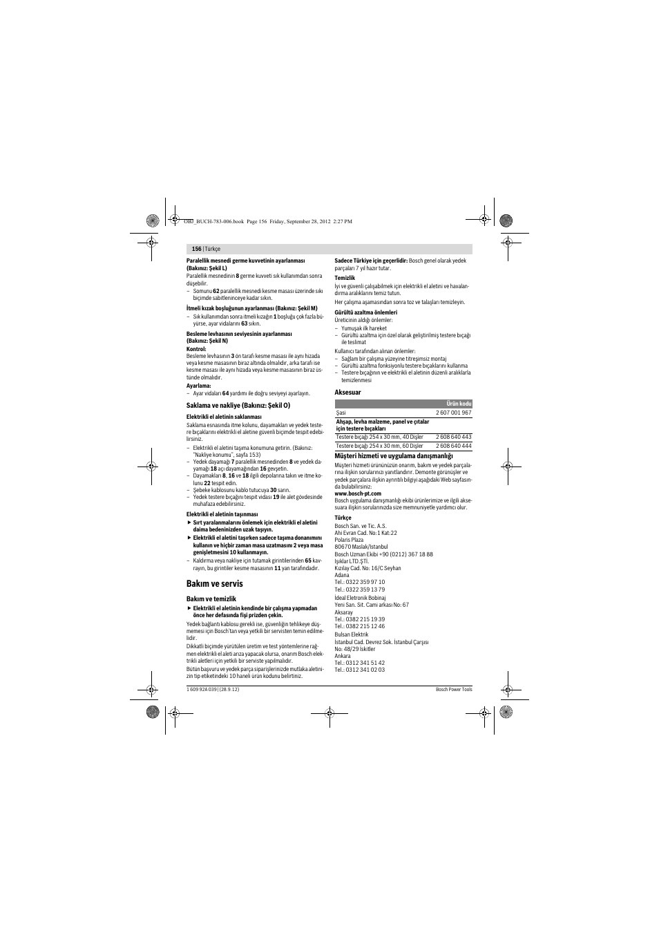 Bakım ve servis | Bosch PTS 10 User Manual | Page 156 / 309