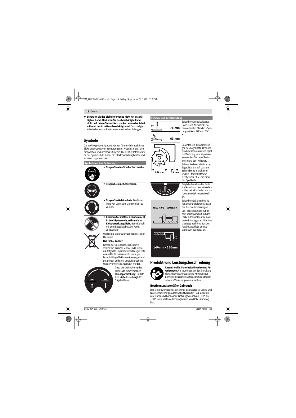 Symbole, Produkt- und leistungsbeschreibung | Bosch PTS 10 User Manual | Page 18 / 309