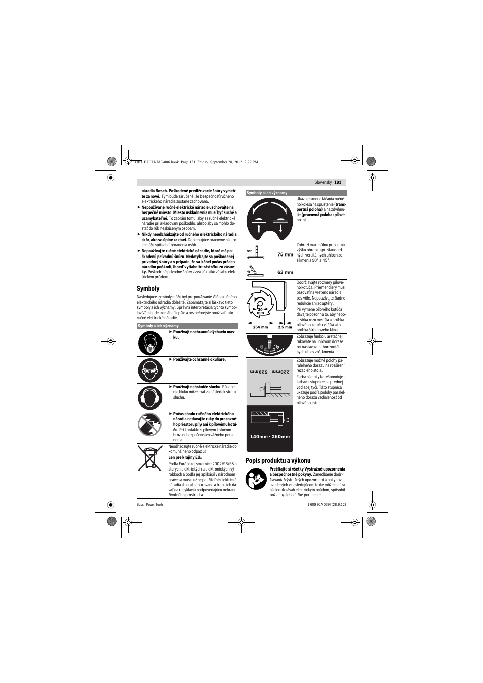 Symboly, Popis produktu a výkonu | Bosch PTS 10 User Manual | Page 181 / 309