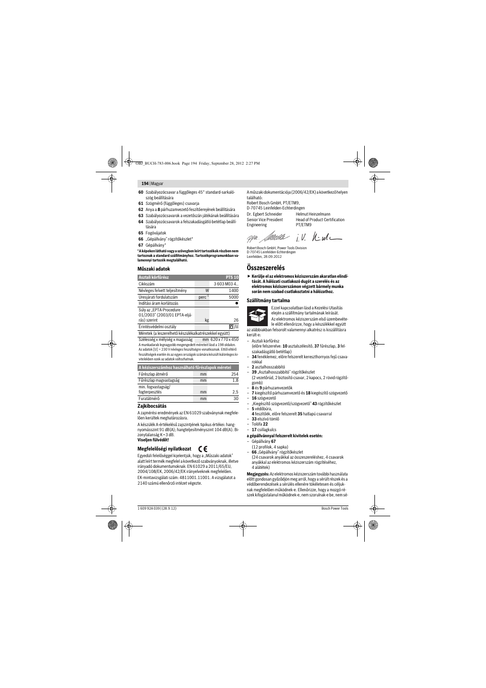 Összeszerelés | Bosch PTS 10 User Manual | Page 194 / 309